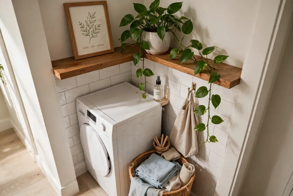 Tiny laundry room corner with a framed print and a pothos plant on a high shelf.