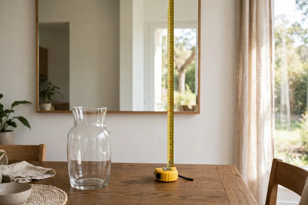 Empty glass vase on a dining table in its final spot with a tape measure beside it under a mirror.