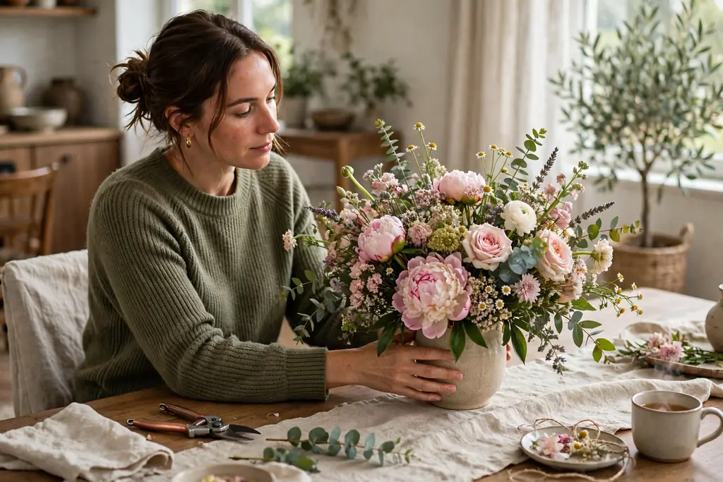 Person turning a finished flower arrangement on a dining table checking its shape from a seated view.
