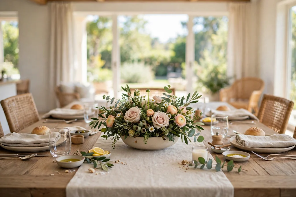 Low bowl flower arrangement on a dining table set for a meal with clear sightlines across the table.