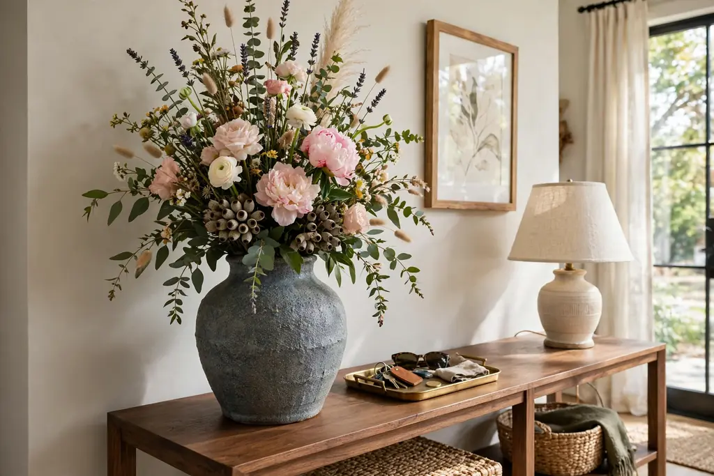 Tall flower arrangement in a heavy ceramic vase on an entryway console beside a tray and lamp.