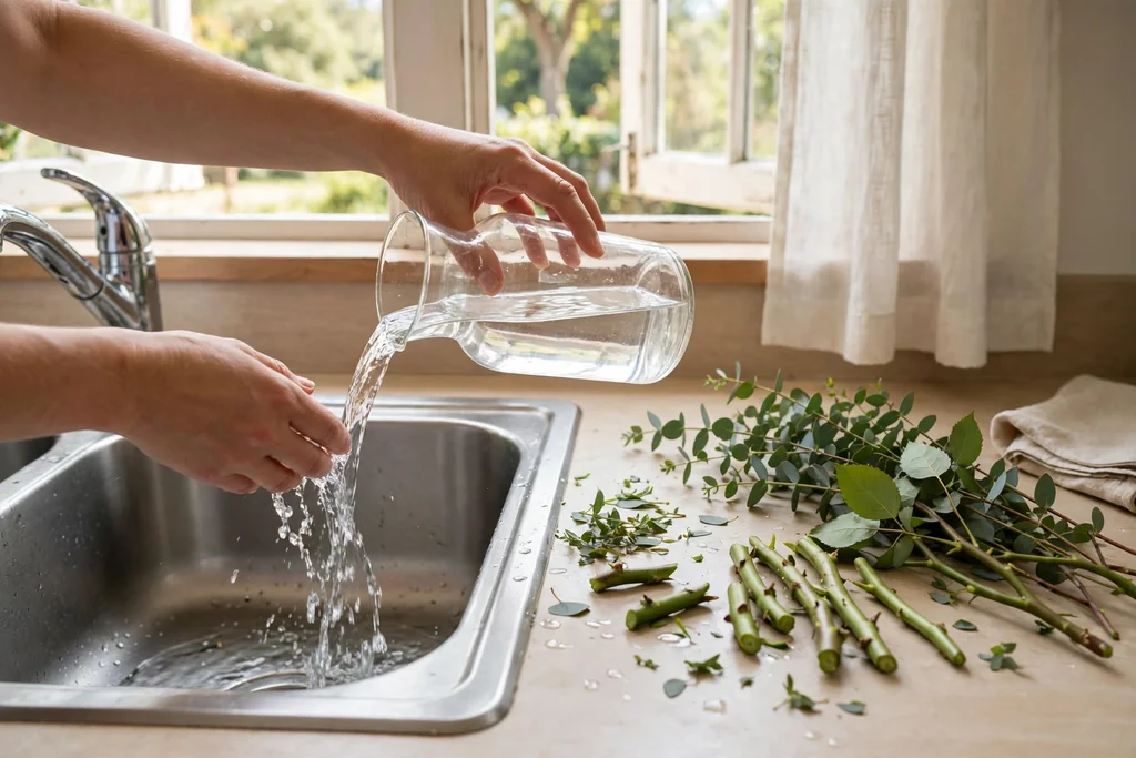 Hands changing the water in a glass flower vase at a kitchen sink with freshly trimmed stems beside it.