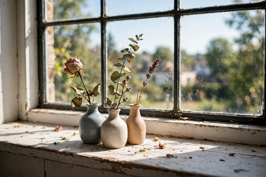 Three small bud vases with single leftover flower stems grouped on a sunny windowsill.