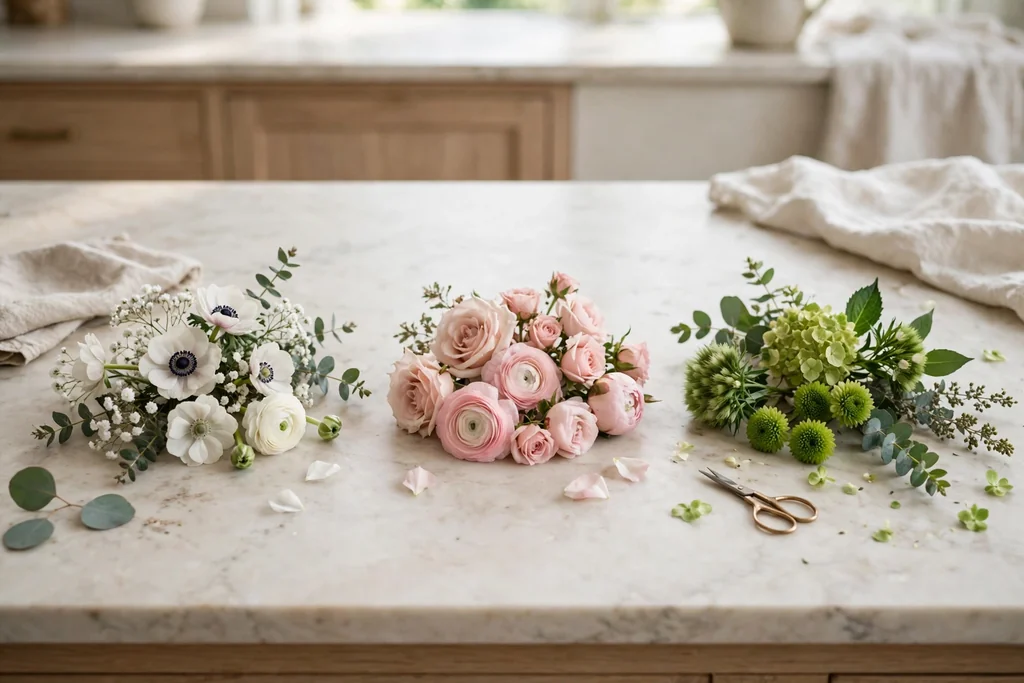 Three groups of white, blush, and green flowers laid out on a kitchen counter as a color palette plan.