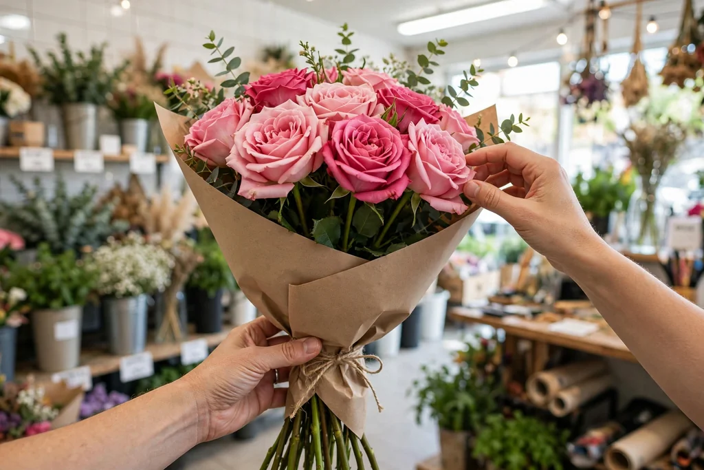 Hands holding a bunch of large roses in store wrap, checking firm petals and sturdy stems.