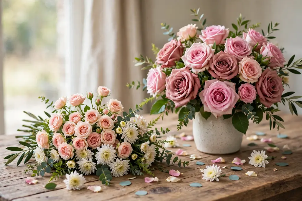 Small spray roses and chrysanthemums beside a larger rose bouquet on a table.