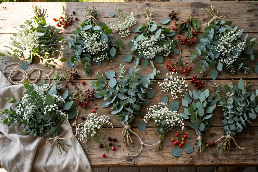 Bunches of eucalyptus, baby's breath, and small berries laid out on a wooden table.