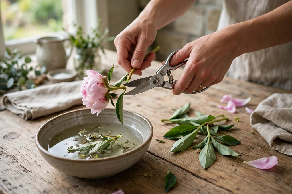 Hands trimming a flower stem at an angle over a bowl with stripped leaves beside scissors.