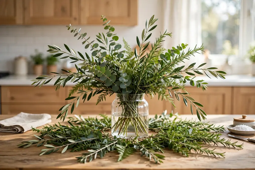 Glass vase filled with greenery stems angled outward forming a loose base shape on a kitchen table.