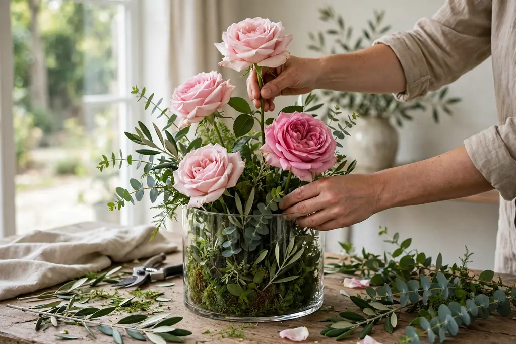 Hands placing large roses at varied heights into a greenery base in a glass vase.