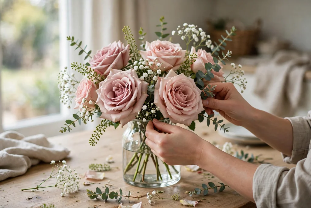 Hands tucking small supporting blooms and filler sprigs into gaps between large roses in a vase.