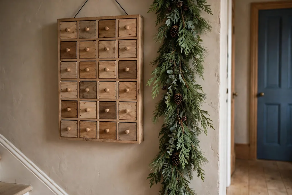 Wooden advent calendar with small drawers hanging on a hallway wall.