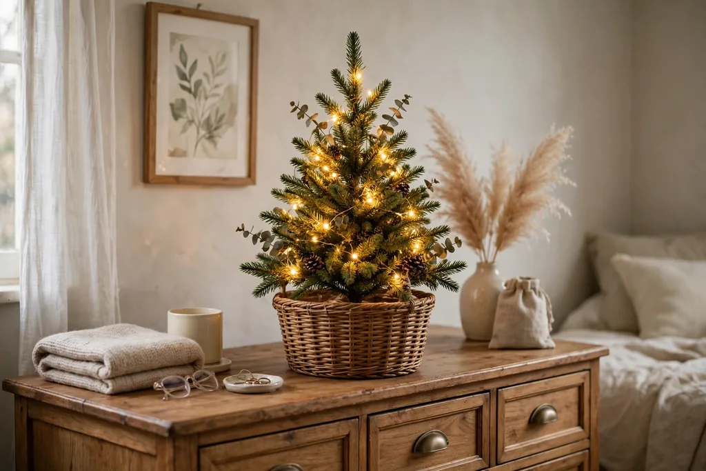 Small tabletop Christmas tree with lights on a bedroom dresser.
