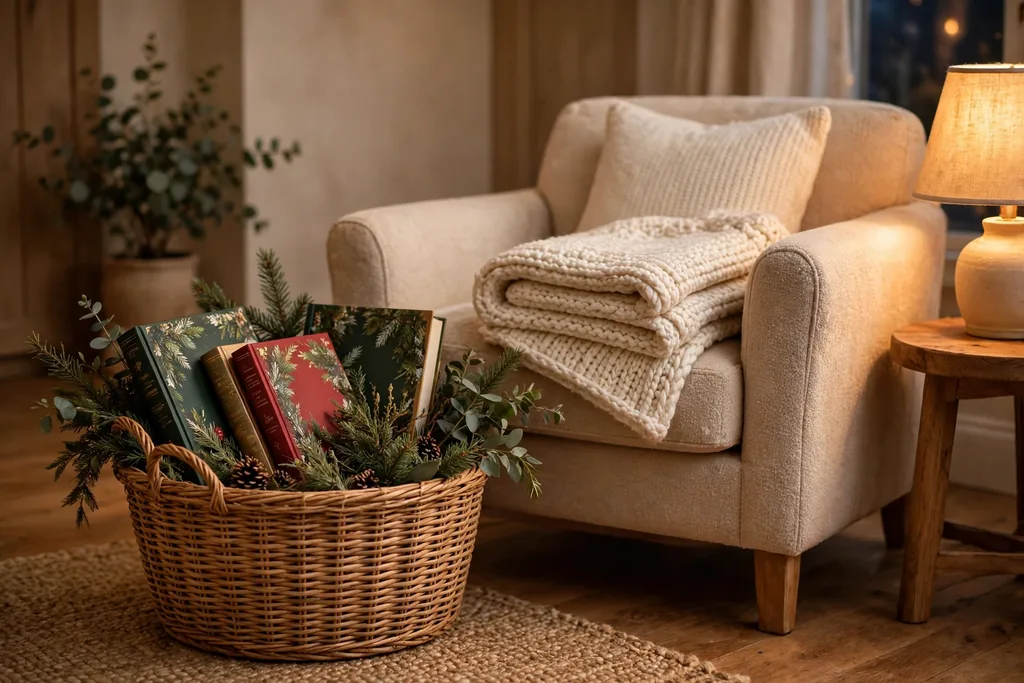 Basket of Christmas books beside an armchair with a folded blanket.
