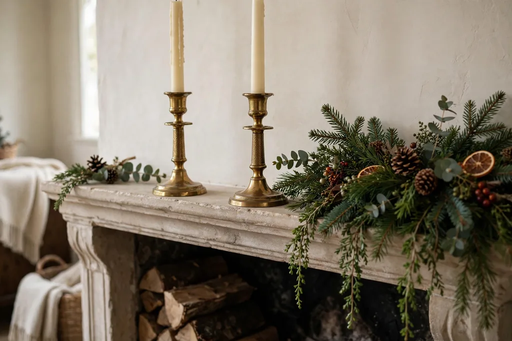 Brass candlesticks with cream taper candles on a Christmas mantel.