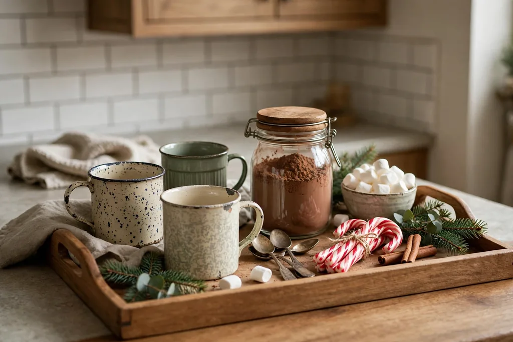 Hot cocoa station with mugs, cocoa mix, and candy canes on a tray.