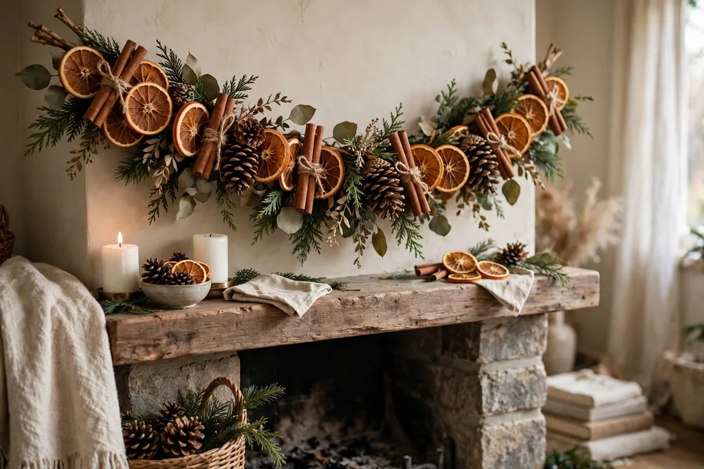 Garland of dried orange slices, cinnamon sticks, and pinecones.