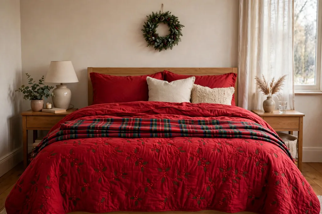 Bedroom with red festive bedding and a folded plaid throw.
