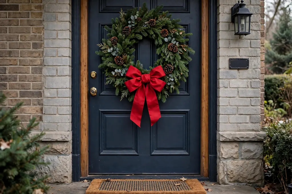 Evergreen Christmas wreath with a wide red bow on a front door.