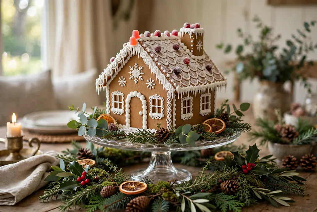 Gingerbread house displayed on a cake stand as a table centerpiece.