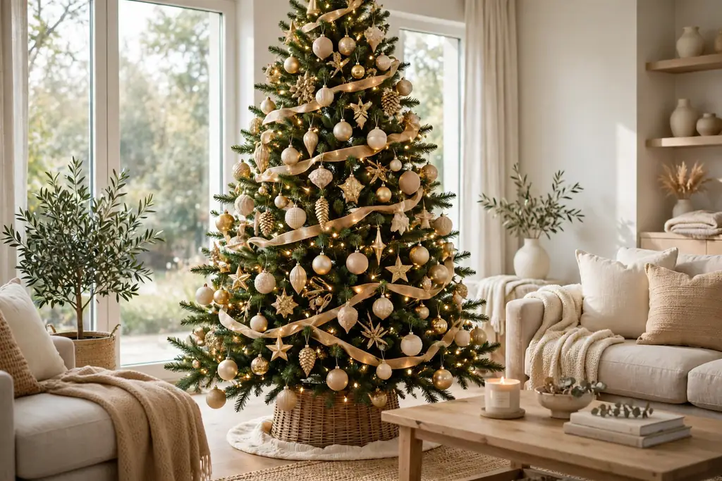 Christmas tree with gold and cream ornaments and warm white lights.