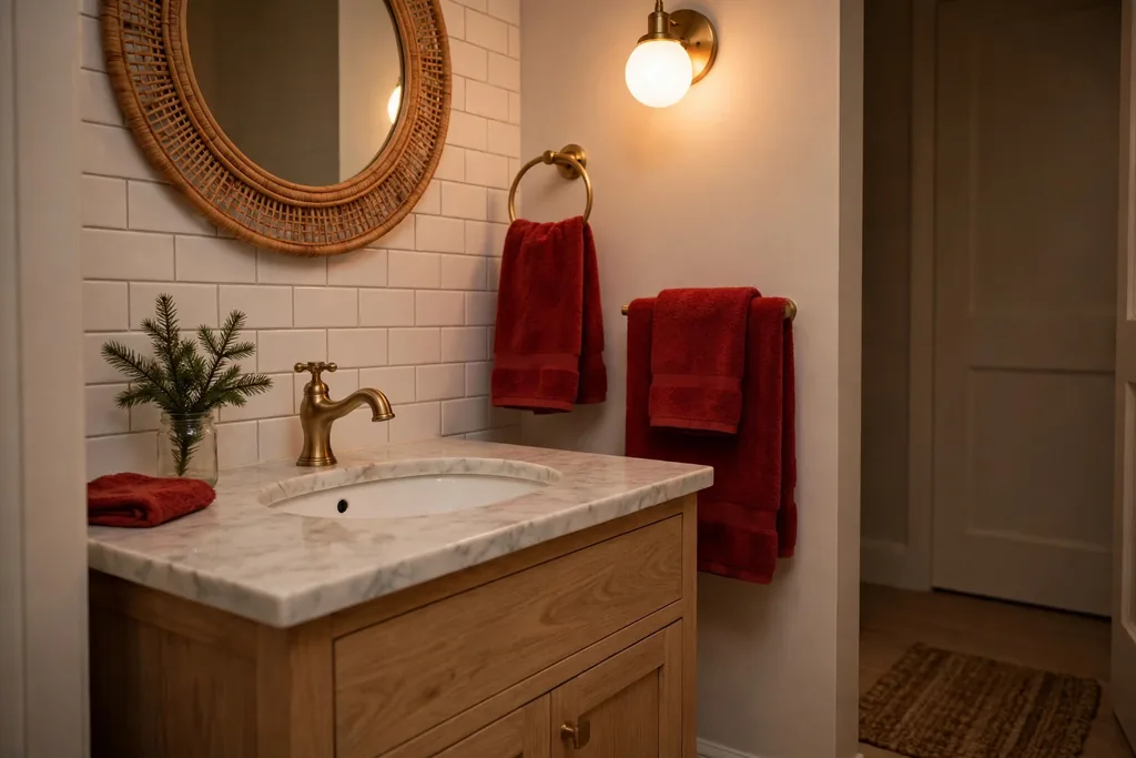 Guest bathroom with red hand towels and a greenery sprig by the sink.