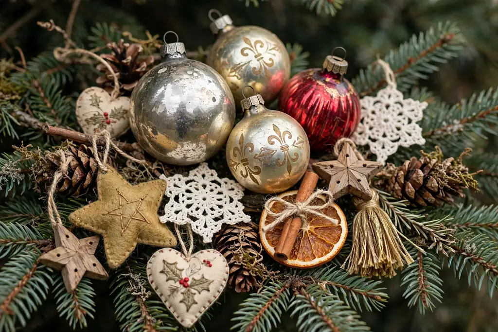 Vintage heirloom Christmas ornaments grouped on tree branches.
