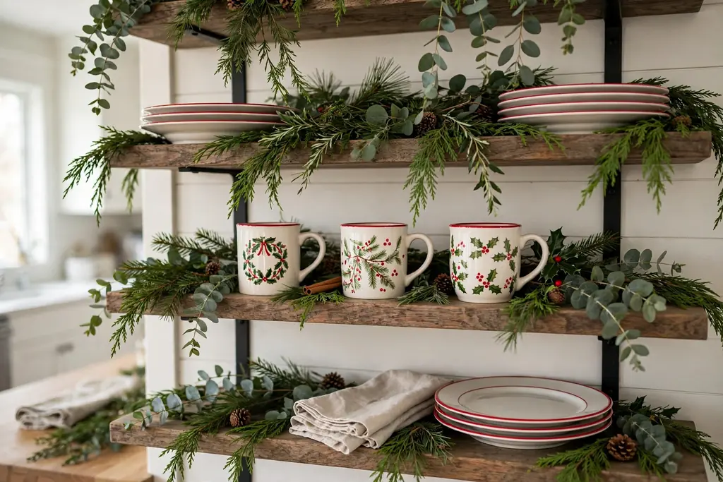 Holiday china plates and Christmas mugs displayed on open shelves.