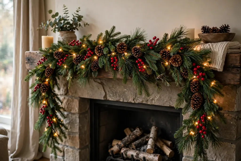 Fresh evergreen garland with pinecones draped on a fireplace mantel.
