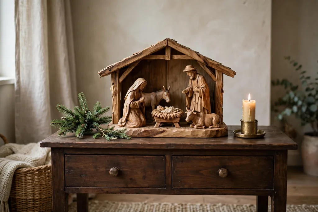 Wooden nativity scene displayed on a console table with greenery.