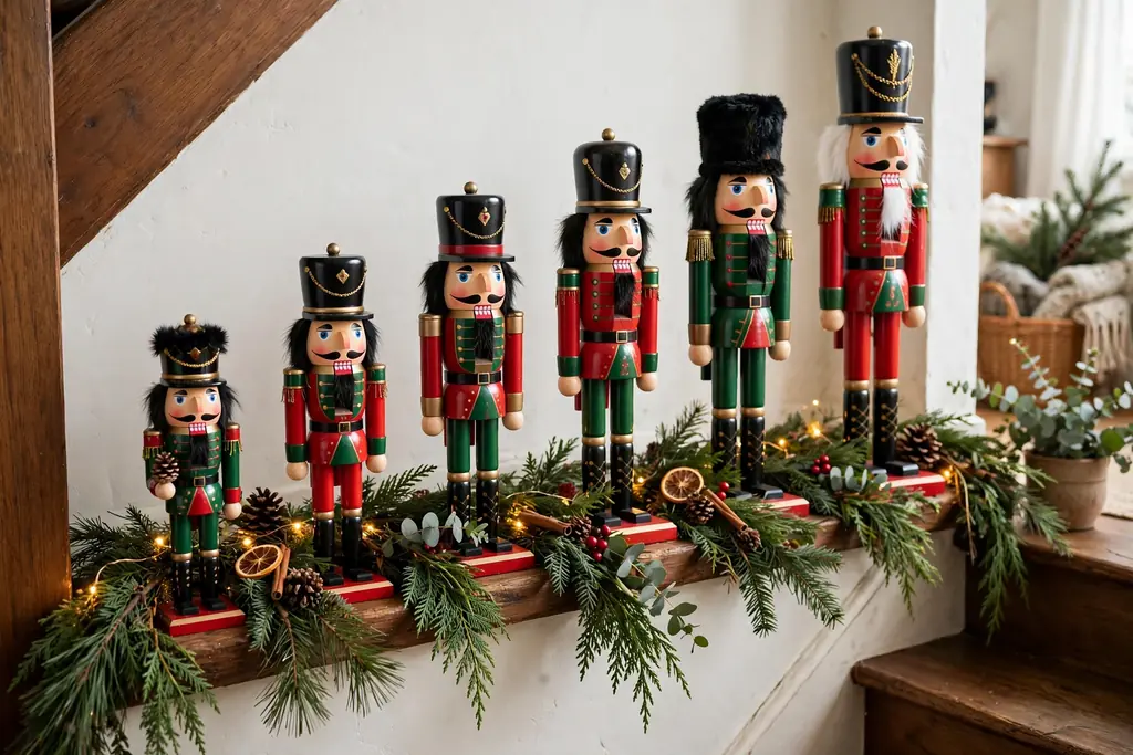 Row of red and green nutcrackers lined up on a stair ledge.