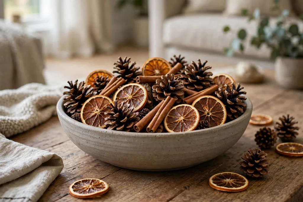 Bowl filled with pinecones, cinnamon sticks, and dried orange slices.