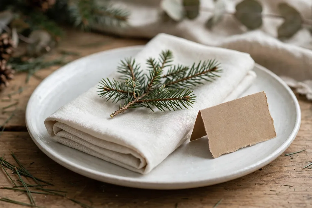 Christmas place setting with an evergreen sprig and handwritten name card.