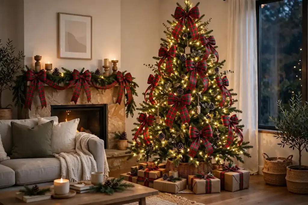 Christmas tree decorated with wide red and green plaid ribbon bows.