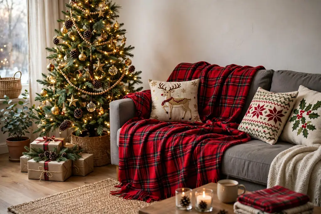 Sofa dressed with red plaid throws and Christmas cushions.
