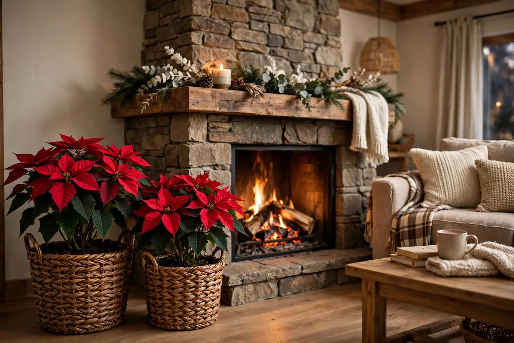 Red poinsettias in woven baskets beside a fireplace.