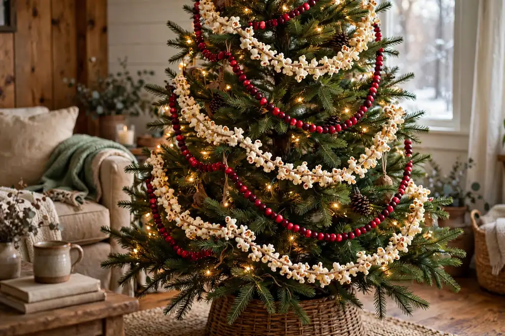 Popcorn and cranberry garland draped on a Christmas tree.