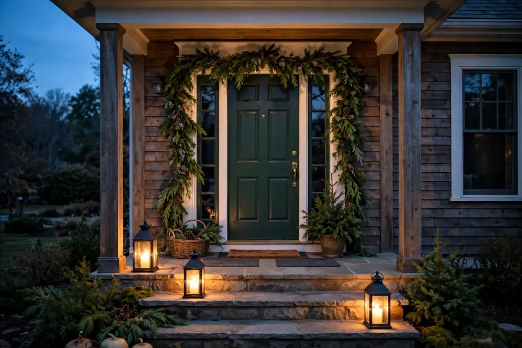 Front porch with evergreen garland and glowing lanterns beside the door.
