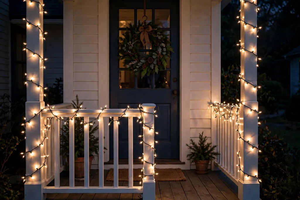 Porch railing wrapped in warm white string lights at night.