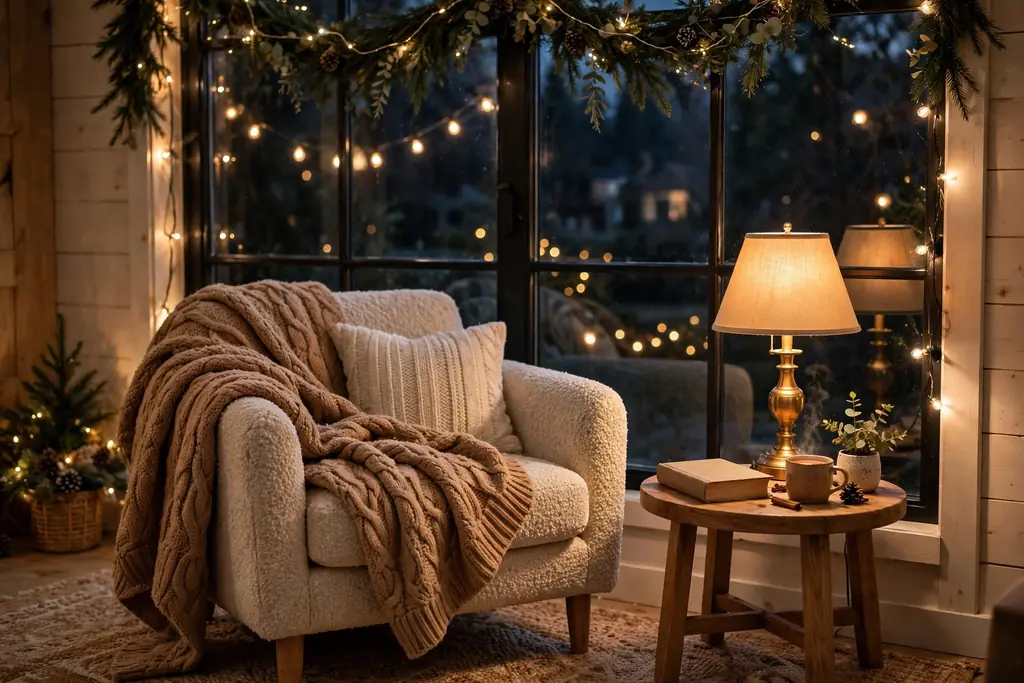 Cozy Christmas reading nook with an armchair, blanket, and warm lamp light.