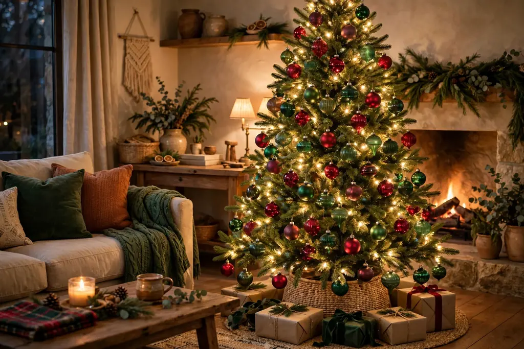 Christmas tree decorated with red and green glass ornaments and warm white lights.