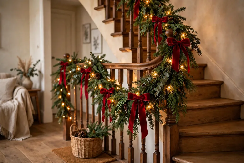Stair banister draped with evergreen garland and ribbon bows.