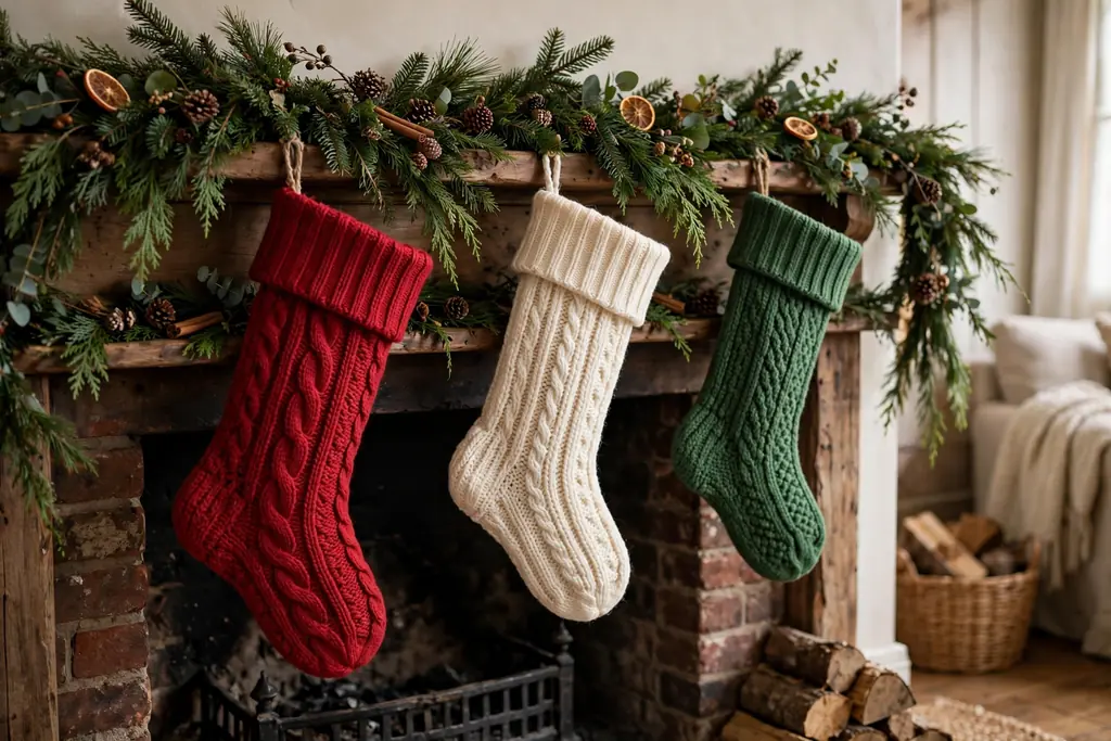Knit Christmas stockings hung in a row from a decorated mantel.