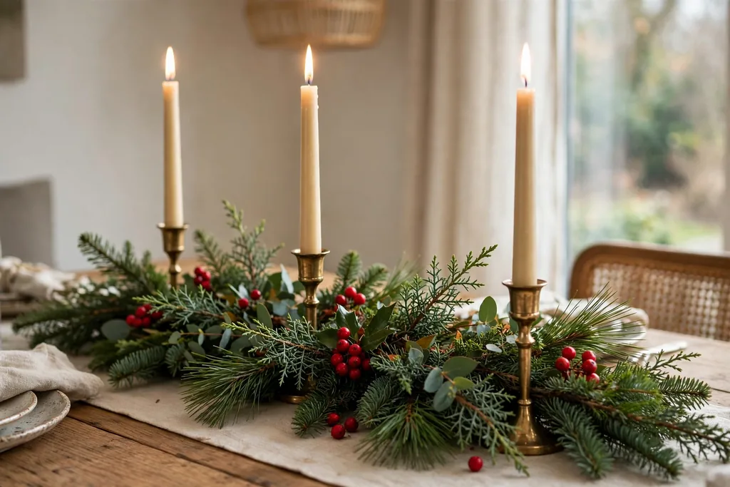 Dining table centerpiece of evergreen sprigs and taper candles.