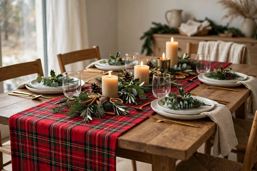 Dining table set with a red tartan table runner.