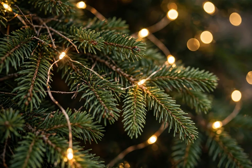 Christmas tree branches layered with warm white string lights.