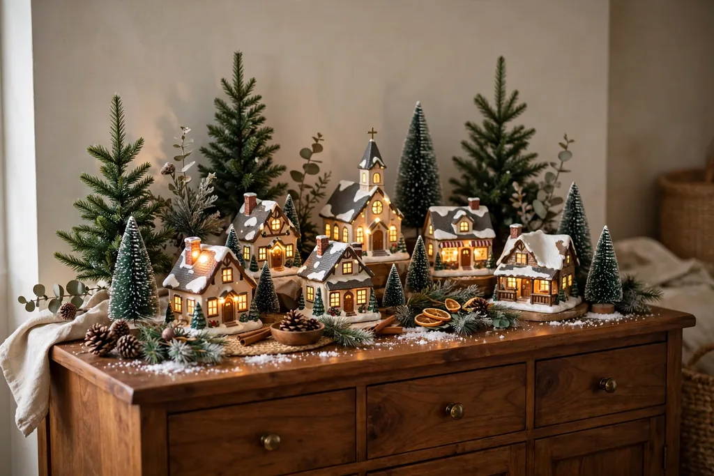 Lit Christmas village houses arranged on a sideboard.