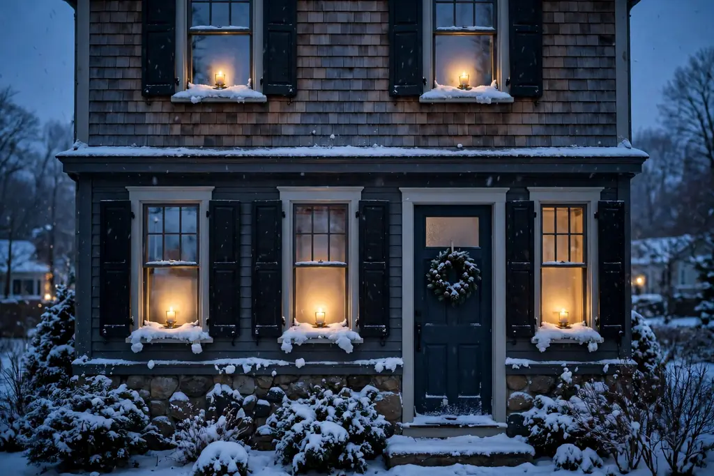 Electric window candles glowing in the front windows of a house at dusk.