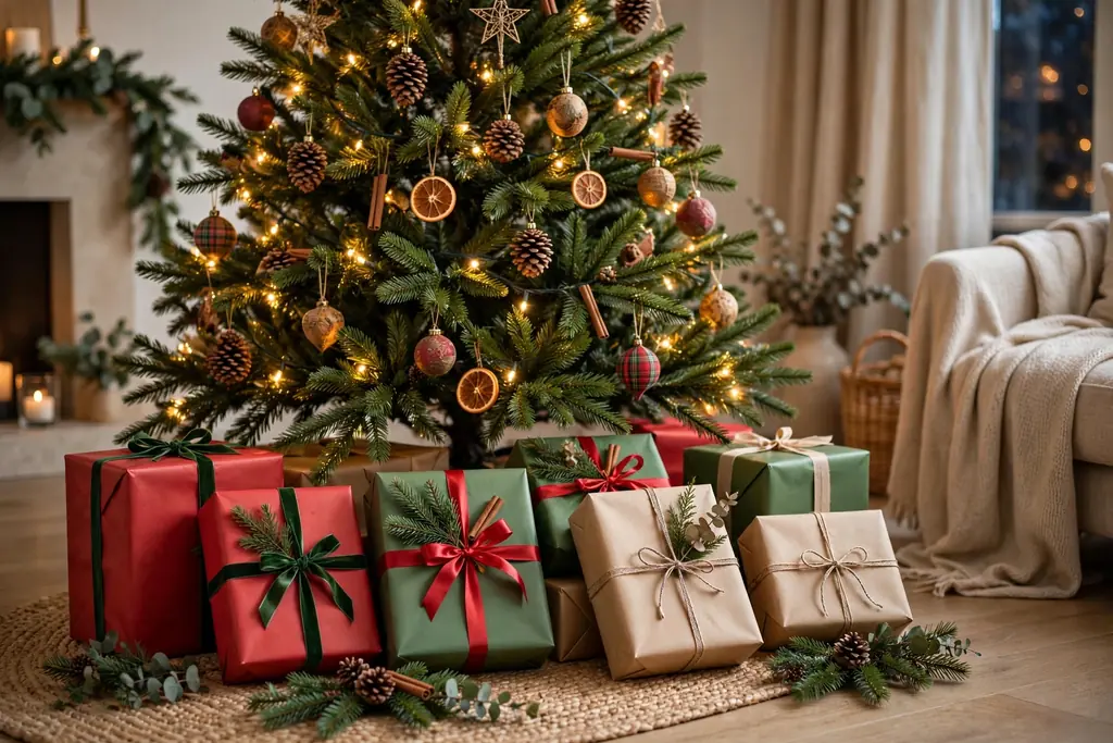 Wrapped gifts in red, green, and kraft paper arranged under a Christmas tree.