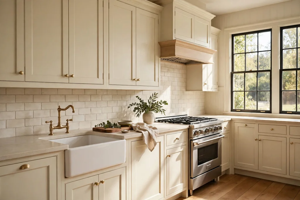 Traditional kitchen with soft cream Shaker cabinets a pale stone counter and simple knobs